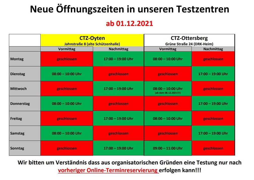 Öffnungszeiten - Testzentren © Gemeinde Oyten